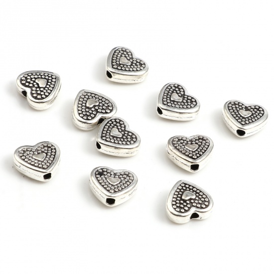 Picture of Zinc Based Alloy Valentine's Day Spacer Beads Heart Antique Silver Color Dot About 9mm x 8mm, Hole: Approx 1.2mm, 100 PCs