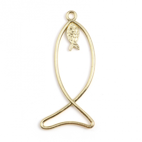 Picture of Zinc Based Alloy Religious Pendants Jesus/ Christian Fish Ichthys Gold Plated 70mm x 31mm, 10 PCs