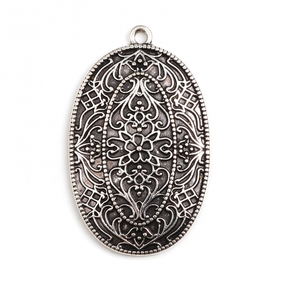 Picture of Zinc Based Alloy Pendants Oval Antique Silver Color Carved Pattern 42mm x 26mm, 5 PCs