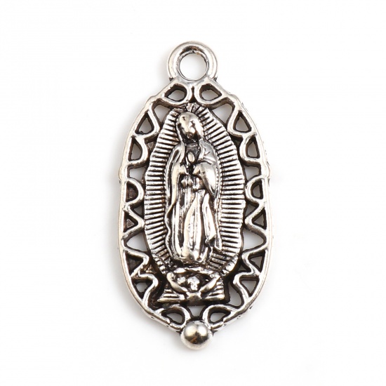 Picture of Zinc Based Alloy Religious Pendants Oval Antique Silver Color Virgin Mary 30mm x 15mm, 50 PCs