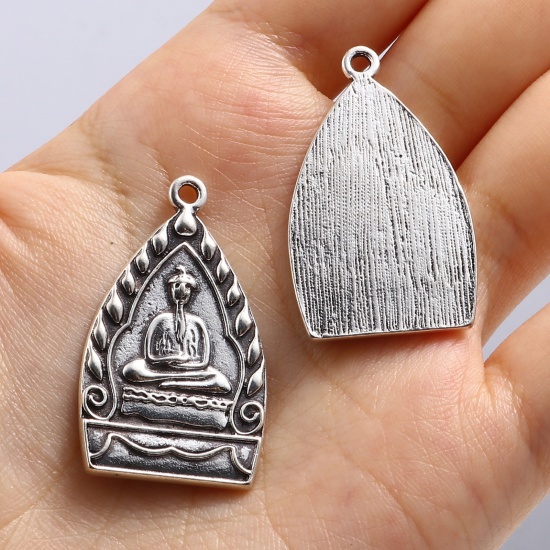 Picture of Zinc Based Alloy Religious Charms Triangle Antique Silver Color Buddha Statue 36mm x 21mm, 5 PCs