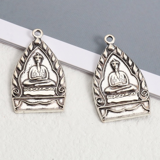 Picture of Zinc Based Alloy Religious Charms Triangle Antique Silver Color Buddha Statue 36mm x 21mm, 5 PCs