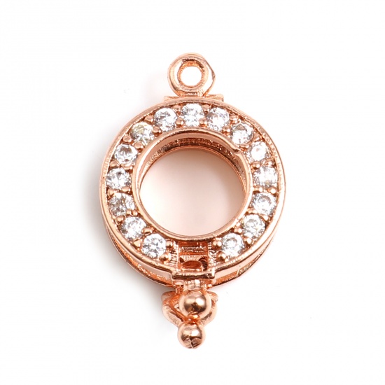 Picture of Copper Wish Pearl Locket Jewelry Charms Round Rose Gold Clear Rhinestone Can Open (Fit Bead Size: 10mm) 20mm x 13mm, 1 Piece