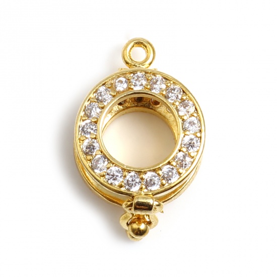 Bild von Kupfer Wunsch Perlenkäfig Schmuck Charms Rund Vergoldet Transparent Strass Zum Öffnen (Für Perlengröße: 10mm) 20mm x 13mm, 1 Stück