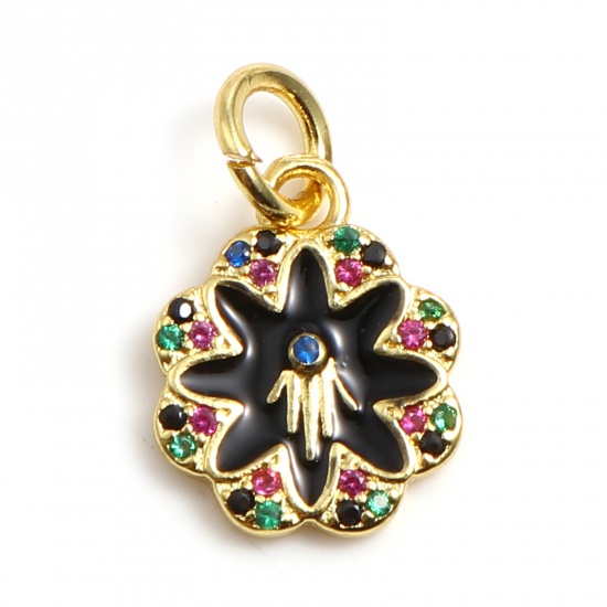 Picture of Brass Religious Charms Gold Plated Black Flower Hamsa Symbol Hand Micro Pave Enamel Multicolor Rhinestone 17mm x 11mm, 1 Piece                                                                                                                                