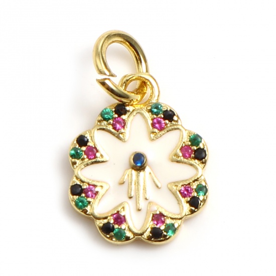 Picture of Brass Religious Charms Gold Plated White Flower Hamsa Symbol Hand Micro Pave Enamel Multicolor Rhinestone 17mm x 11mm, 1 Piece                                                                                                                                