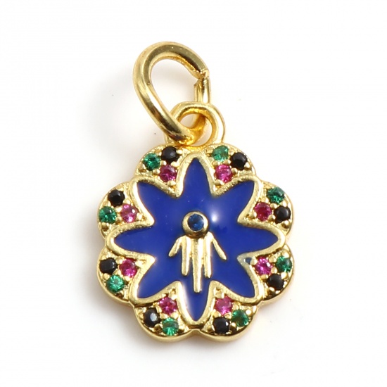 Picture of Brass Religious Charms Gold Plated Blue Flower Hamsa Symbol Hand Micro Pave Enamel Multicolor Rhinestone 17mm x 11mm, 1 Piece                                                                                                                                 