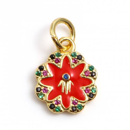 Picture of Brass Religious Charms Gold Plated Red Flower Hamsa Symbol Hand Micro Pave Enamel Multicolor Rhinestone 17mm x 11mm, 1 Piece                                                                                                                                  