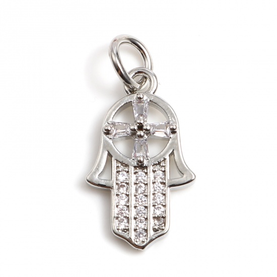 Picture of Brass Religious Charms Silver Tone Hamsa Symbol Hand Micro Pave Clear Rhinestone 23mm x 11mm, 1 Piece                                                                                                                                                         