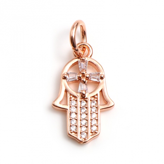 Picture of Brass Religious Charms Rose Gold Hamsa Symbol Hand Micro Pave Clear Rhinestone 23mm x 11mm, 1 Piece                                                                                                                                                           
