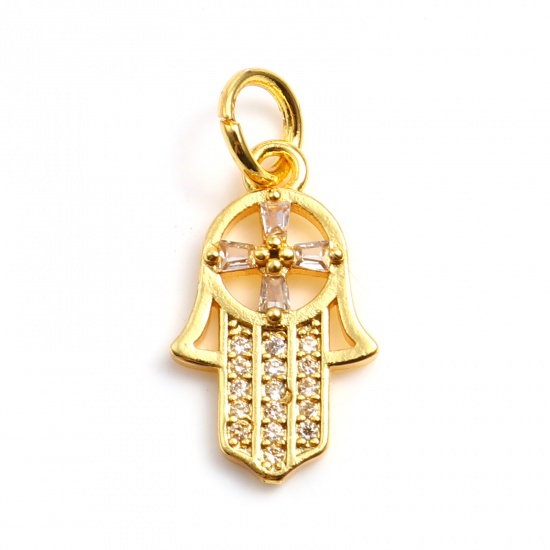 Picture of Brass Religious Charms Gold Plated Hamsa Symbol Hand Micro Pave Clear Rhinestone 23mm x 11mm, 1 Piece                                                                                                                                                         