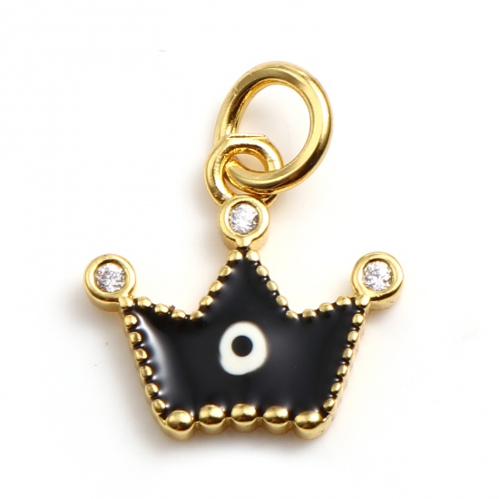 Picture of Brass Religious Charms Gold Plated Black Crown Evil Eye Enamel Clear Rhinestone 17mm x 14mm, 2 PCs                                                                                                                                                            