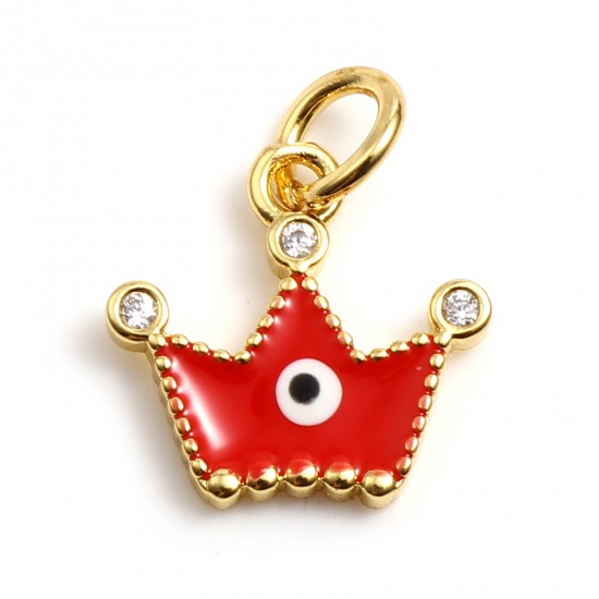 Picture of Brass Religious Charms Gold Plated Red Crown Evil Eye Enamel Clear Rhinestone 17mm x 14mm, 2 PCs                                                                                                                                                              