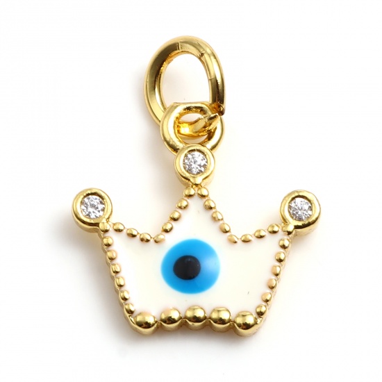 Picture of Brass Religious Charms Gold Plated White Crown Evil Eye Enamel Clear Rhinestone 17mm x 14mm, 2 PCs                                                                                                                                                            