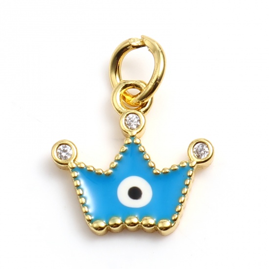 Picture of Brass Religious Charms Gold Plated Blue Crown Evil Eye Enamel Clear Rhinestone 17mm x 14mm, 2 PCs                                                                                                                                                             
