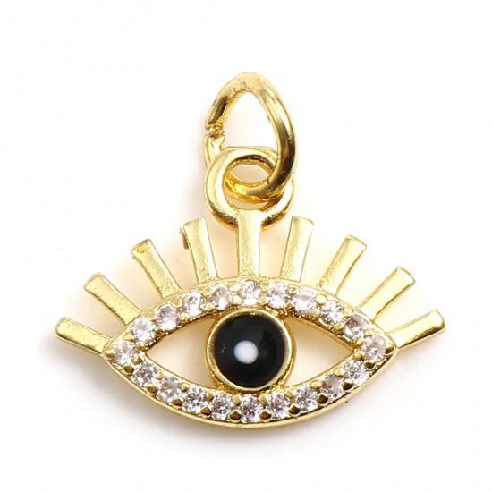 Picture of Brass Religious Charms Gold Plated Black Evil Eye Micro Pave Enamel Clear Rhinestone 15mm x 14mm, 2 PCs                                                                                                                                                       