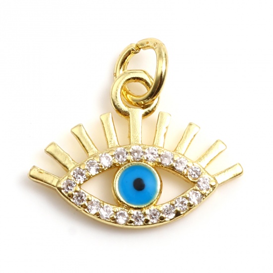 Picture of Brass Religious Charms Gold Plated Blue Evil Eye Micro Pave Enamel Clear Rhinestone 15mm x 14mm, 2 PCs                                                                                                                                                        