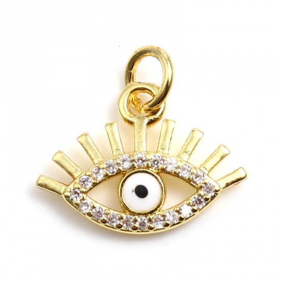 Picture of Brass Religious Charms Gold Plated White Evil Eye Micro Pave Enamel Clear Rhinestone 15mm x 14mm, 2 PCs                                                                                                                                                       