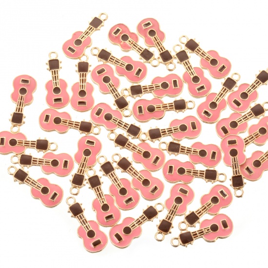 Picture of Zinc Based Alloy Charms Guitar Musical Instrument Gold Plated Pink Enamel 23mm x 9mm, 10 PCs