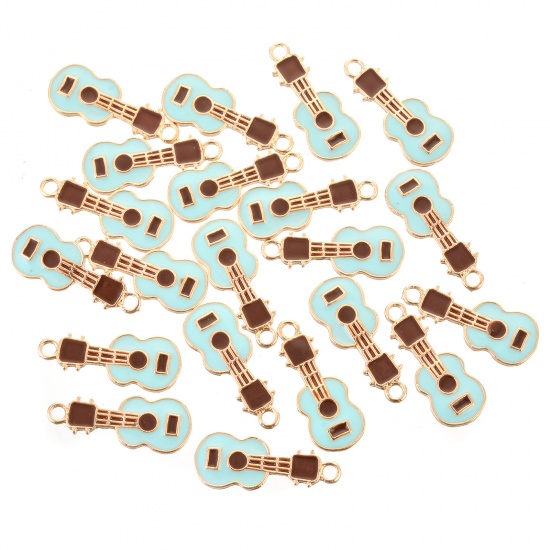 Picture of Zinc Based Alloy Charms Guitar Musical Instrument Gold Plated Blue Enamel 23mm x 9mm, 10 PCs