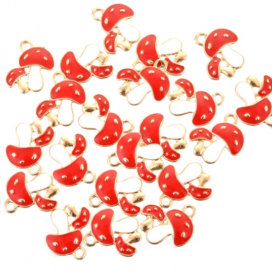 Picture of Zinc Based Alloy Charms Mushroom Gold Plated Red Enamel 19.6mm x 16mm, 10 PCs