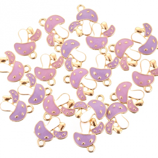 Picture of Zinc Based Alloy Charms Mushroom Gold Plated Purple Enamel 19.6mm x 16mm, 10 PCs