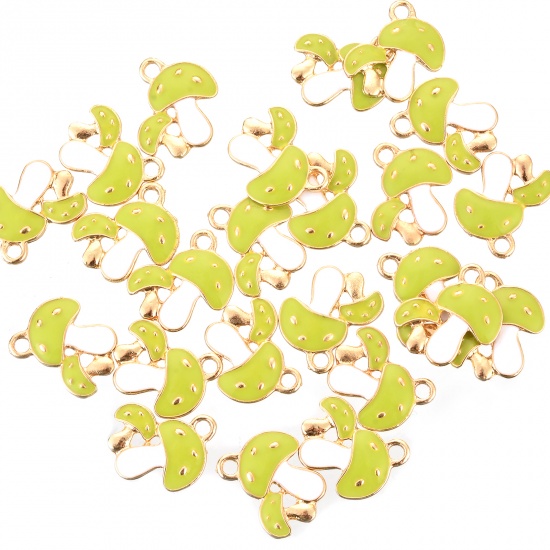 Picture of Zinc Based Alloy Charms Mushroom Gold Plated Green Enamel 19.6mm x 16mm, 10 PCs