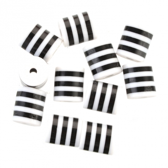 Picture of Resin Spacer Beads Barrel Black Stripe Pattern About 9mm x 8mm, Hole: Approx 2mm, 100 PCs
