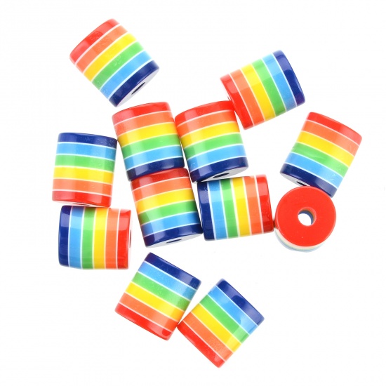 Picture of Resin Spacer Beads Barrel Multicolor Stripe Pattern About 9mm x 8mm, Hole: Approx 2mm, 100 PCs