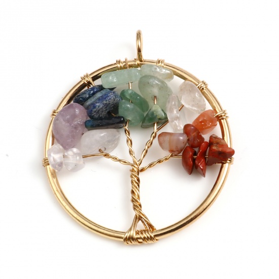 Picture of Stone Pendants Round Gold Plated Multicolor Tree of Life 3.5cm x 3.1cm, 1 Piece