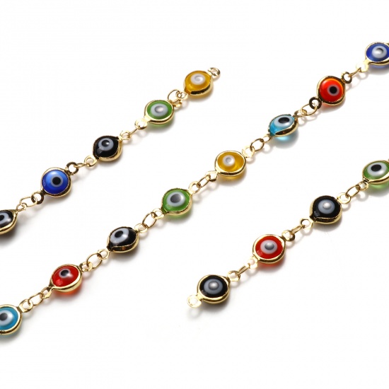 Picture of Brass & Glass Religious Enamel Link Chain Findings Round Evil Eye Gold Plated Multicolor 12x7mm, 1 M                                                                                                                                                          