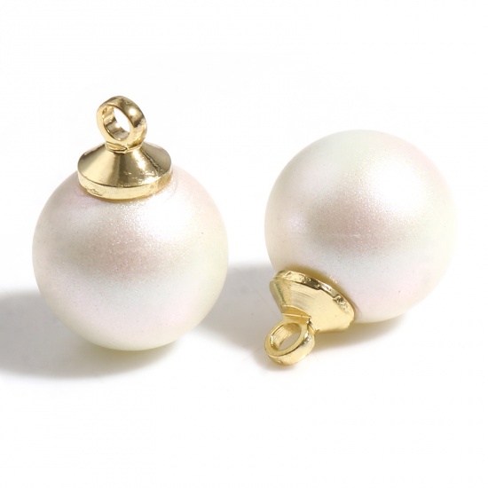 Picture of Zinc Based Alloy & Shell Imitation Pearl Charms Round Gold Plated Creamy-White Pearlized 12mm x 8mm, 2 PCs