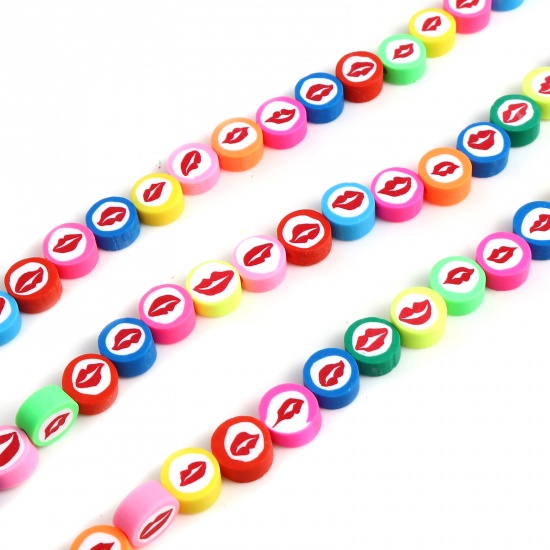 Picture of Polymer Clay Beads Round At Random Color Mixed Lip Pattern About 9mm Dia, Hole: Approx 1.6mm, 35.5cm - 35cm long, 1 Strand (Approx 40 PCs/Strand)