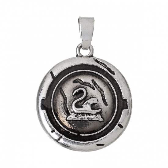 Picture of Zinc Metal Alloy Pendants Round Antique Silver Swan Carved 34mm(1 3/8") x 24mm(1"), 10 PCs