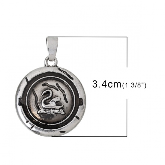 Picture of Zinc Metal Alloy Pendants Round Antique Silver Swan Carved 34mm(1 3/8") x 24mm(1"), 10 PCs