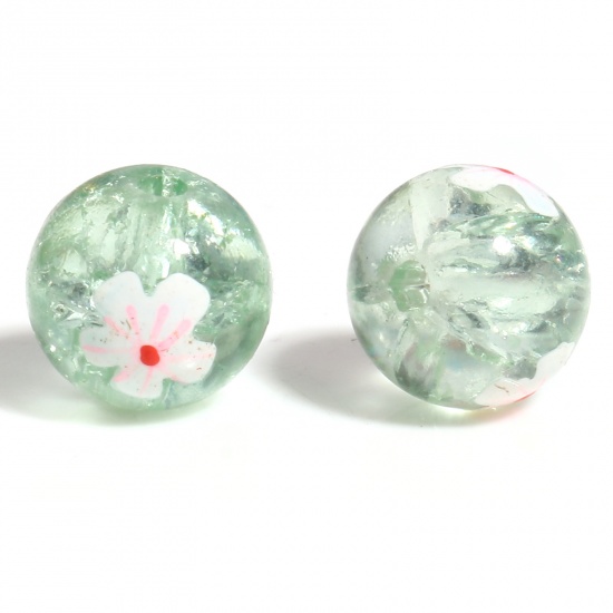 Picture of Glass Hand-painted Beads Round Light Green Flower About 10mm Dia, Hole: Approx 2mm, 2 PCs