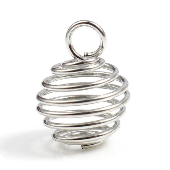 Picture of Iron Based Alloy Spiral Bead Cages Pendants Silver Tone 12mm x 9mm, 20 PCs