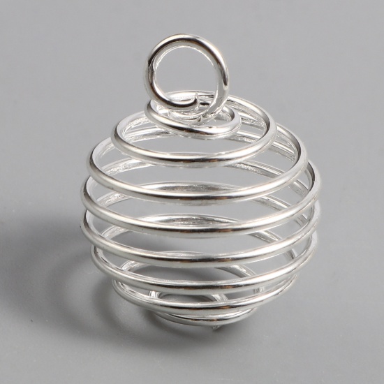 Picture of Iron Based Alloy Spiral Bead Cages Pendants Silver Plated 18mm x 15mm, 20 PCs