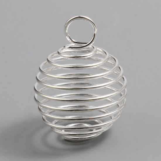Picture of Iron Based Alloy Spiral Bead Cages Pendants Silver Plated 25mm x 19mm, 20 PCs