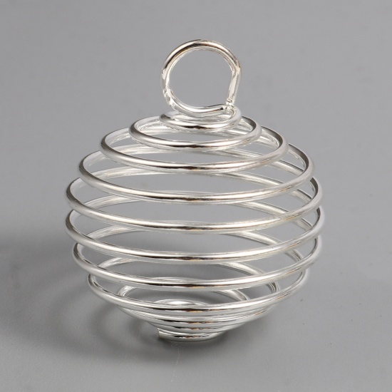 Picture of Iron Based Alloy Spiral Bead Cages Pendants Silver Plated 3cm x 2.5cm, 20 PCs