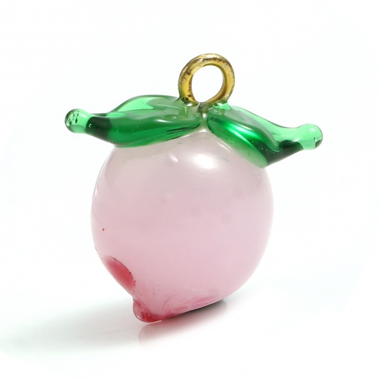 Picture of Lampwork Glass Charms Pink & Green Peach 16mm x 15mm, 2 PCs