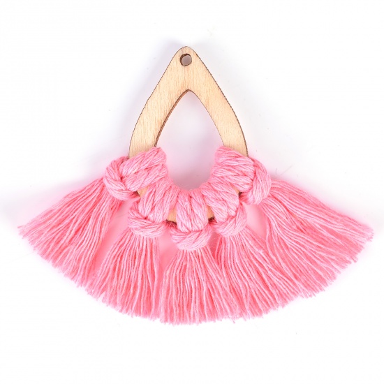 Picture of Wood & Cotton Tassel Pendants Drop Pink Tassel 7.3cm x 6cm - 7cm x 5.7cm, 2 PCs