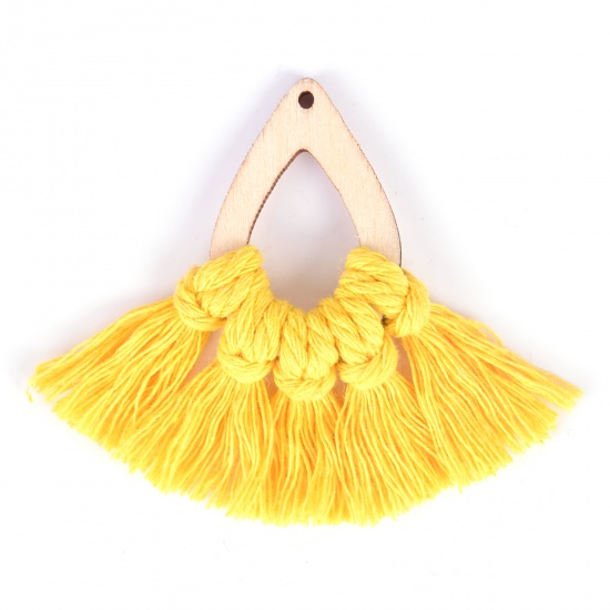 Picture of Wood & Cotton Tassel Pendants Drop Yellow Tassel 7.3cm x 6cm - 7cm x 5.7cm, 2 PCs