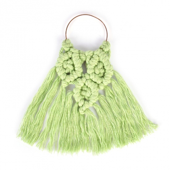 Picture of Zinc Based Alloy & Cotton Tassel Charms Fan-shaped Gold Plated Light Green Tassel 12cm x 10cm, 2 PCs