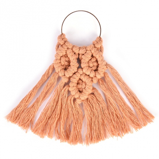 Picture of Zinc Based Alloy & Cotton Tassel Charms Fan-shaped Gold Plated Light Brown Tassel 12cm x 10cm, 2 PCs