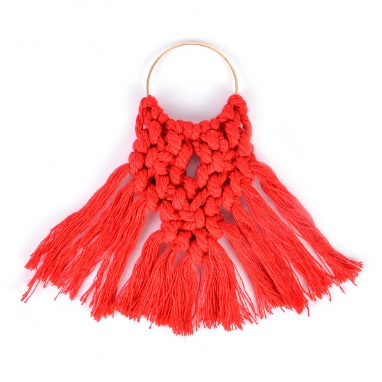 Picture of Zinc Based Alloy & Cotton Tassel Charms Fan-shaped Gold Plated Red Tassel 12cm x 10cm, 2 PCs