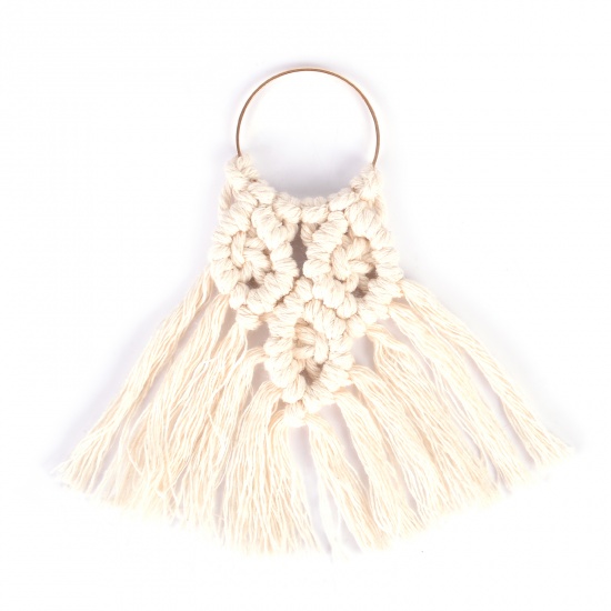 Picture of Zinc Based Alloy & Cotton Tassel Charms Fan-shaped Gold Plated Creamy-White Tassel 12cm x 10cm, 2 PCs