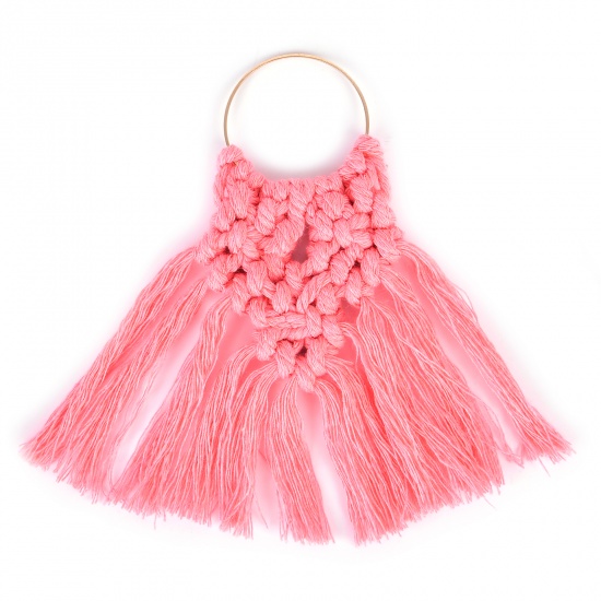 Picture of Zinc Based Alloy & Cotton Tassel Charms Fan-shaped Gold Plated Pink Tassel 12cm x 10cm, 2 PCs