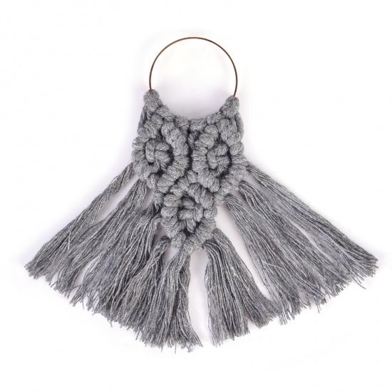 Picture of Zinc Based Alloy & Cotton Tassel Charms Fan-shaped Gold Plated Gray Tassel 12cm x 10cm, 2 PCs