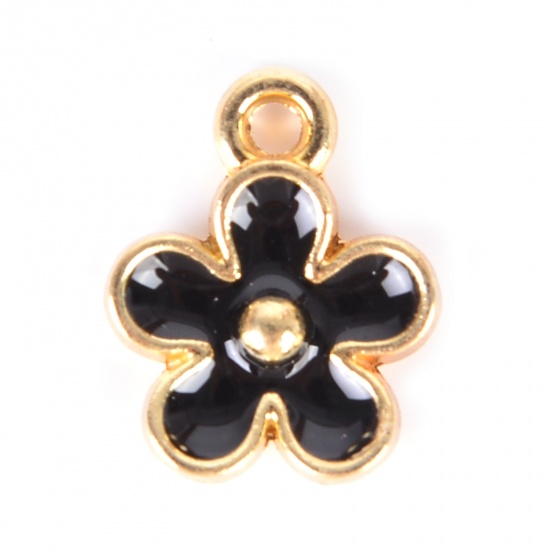 Immagine di Lega di Zinco Charms Fiore Oro Placcato Nero Smalto 10mm x 8mm , 50 Pz